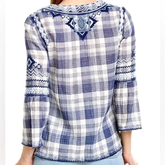 Johnny Was Simonee Flare Sleeve Blouse Plaid Geometric Embroidery Blue Size XS
